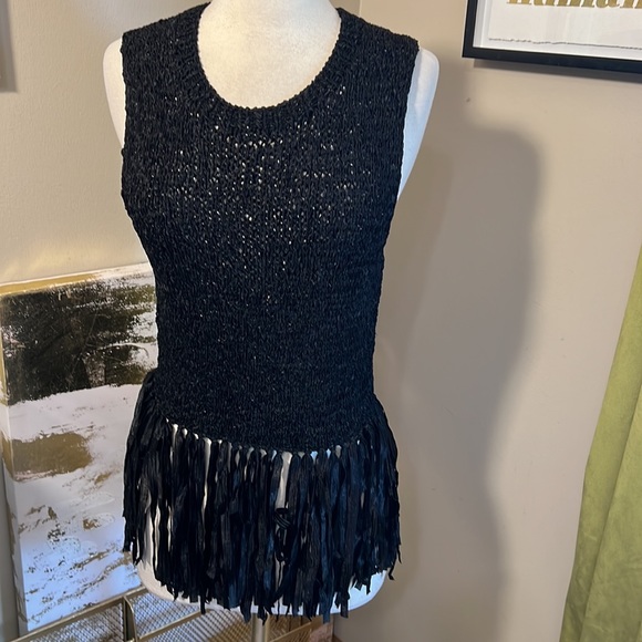 A.L.C. Black Bette Fringed Stretch Crochet-knit Tank Top/Cami - Picture 6 of 11